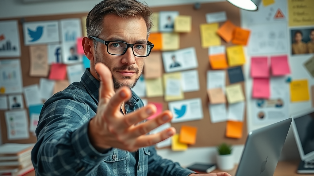 organized marketer arranging strategy notes, social media marketing strategy board in creative workspace
