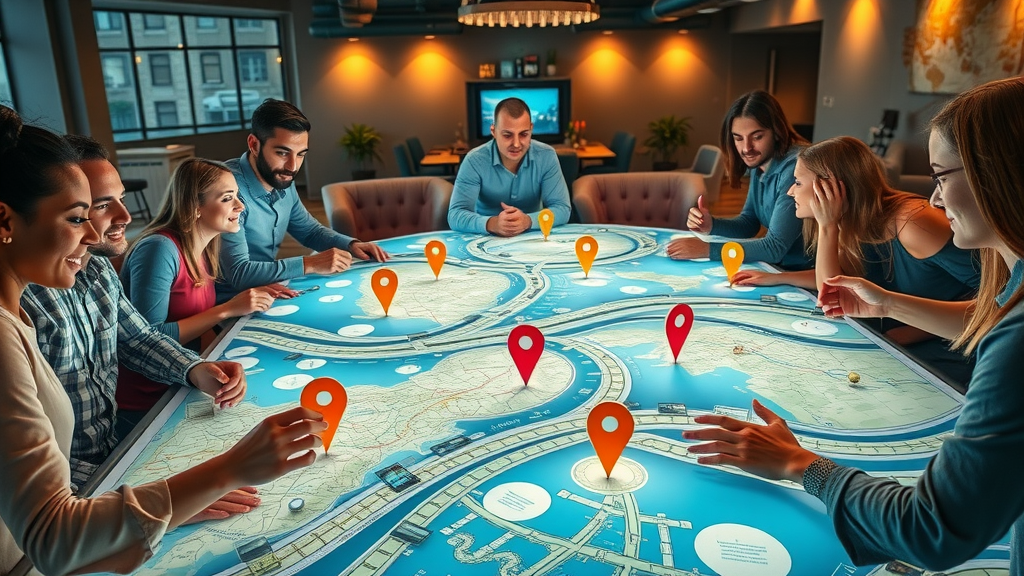 ambitious marketing team collaborating on strategic market development, vibrant map overlays, strategic marketing planning in action