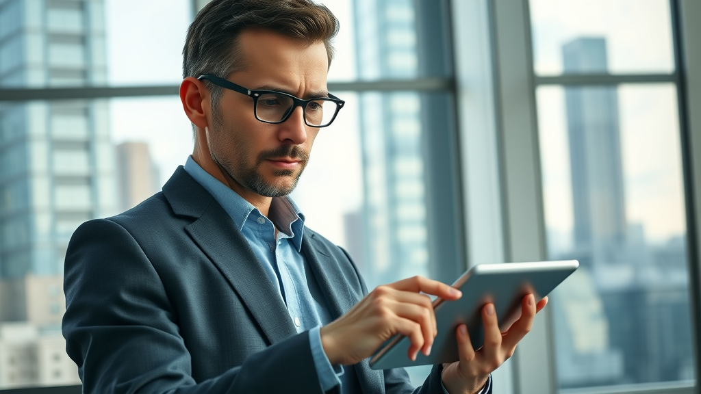 market research analyst, reviewing data on digital tablet, strategic marketing planning in a modern office with city backdrop