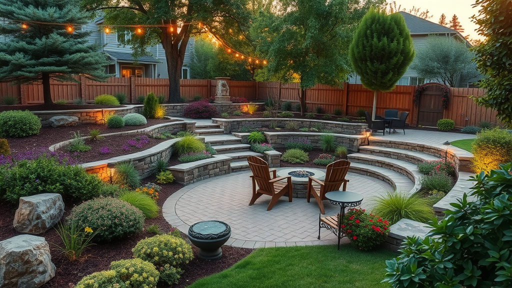 Beautiful landscaped backyard oasis with patio, fire pit, and blooming garden