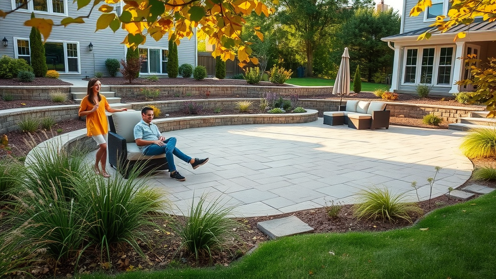 Transformed Allentown backyard with stone patio and flourishing garden beds.