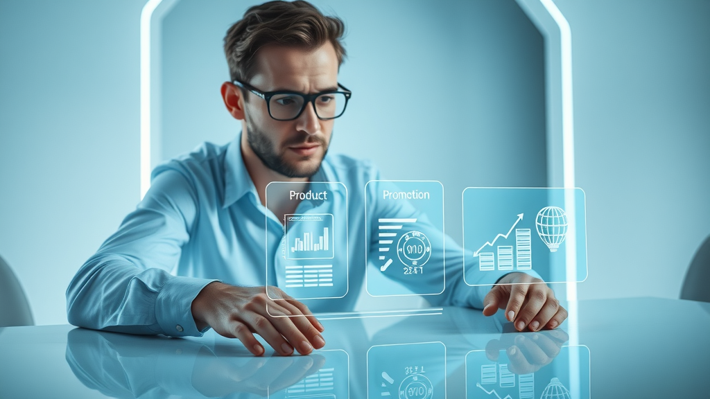 creative marketer arranging four marketing icons: product, price, place, promotion for cost-effective marketing strategy