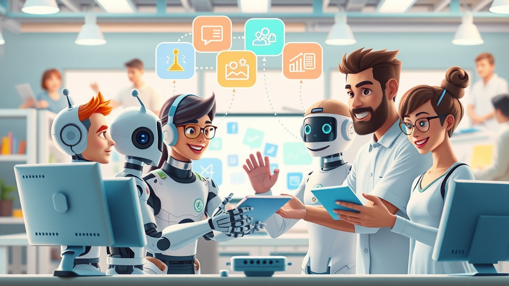 Collaborative creative team with AI assistant brainstorming content creation ideas