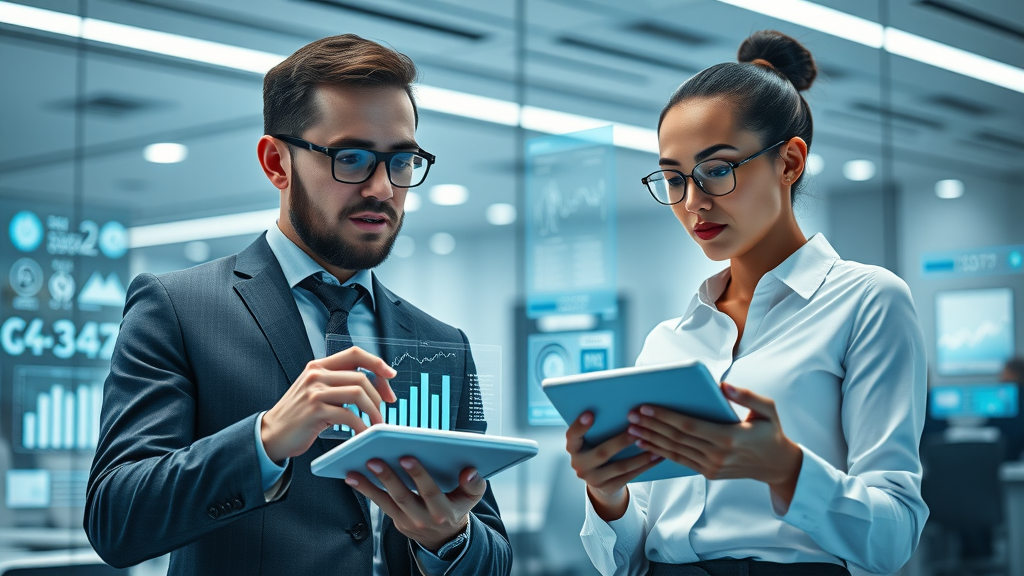 Futuristic business professionals analyzing digital content marketing 2025 graphs in a modern office with virtual reality data overlays, highly detailed, blue and white, soft LED lighting