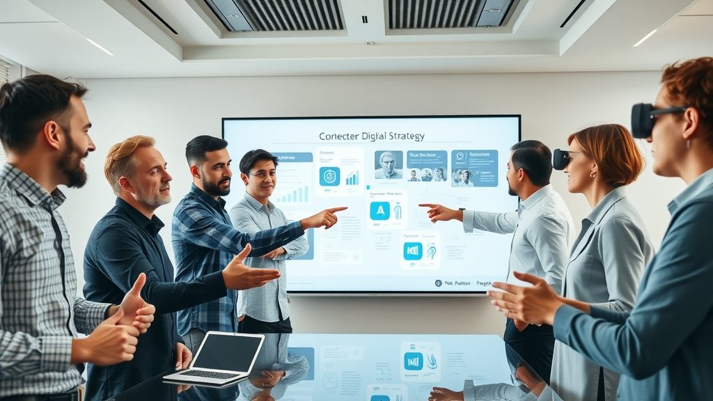Team of marketers brainstorming digital content marketing 2025 strategy using VR and interactive whiteboard, bright sleek office.