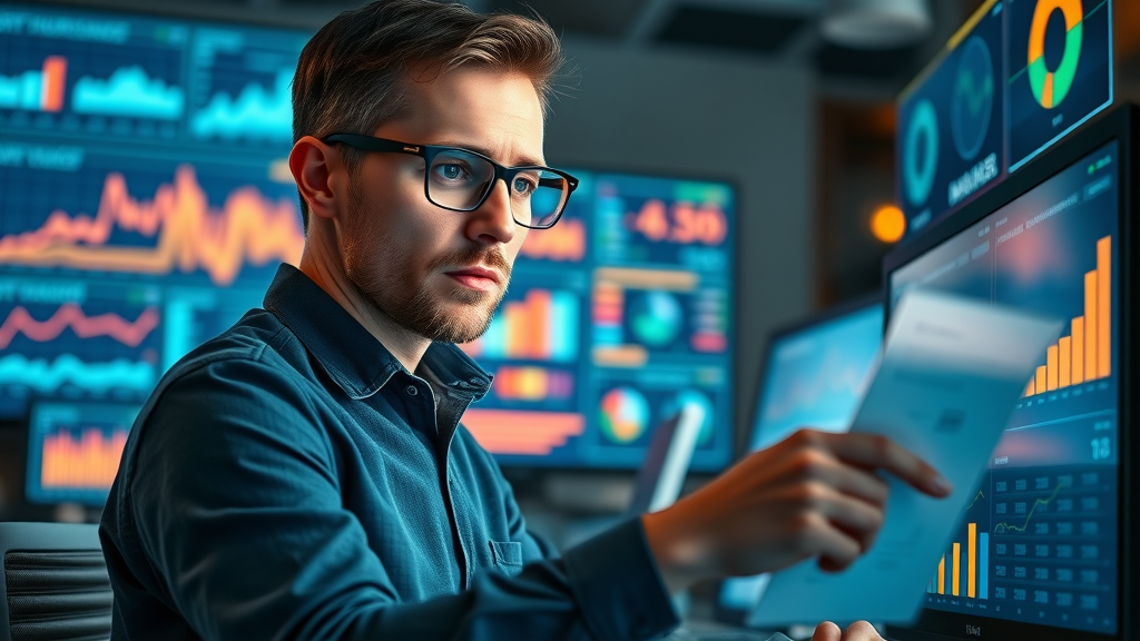 analyst interpreting digital marketing campaign analytics and studying colorful data dashboards