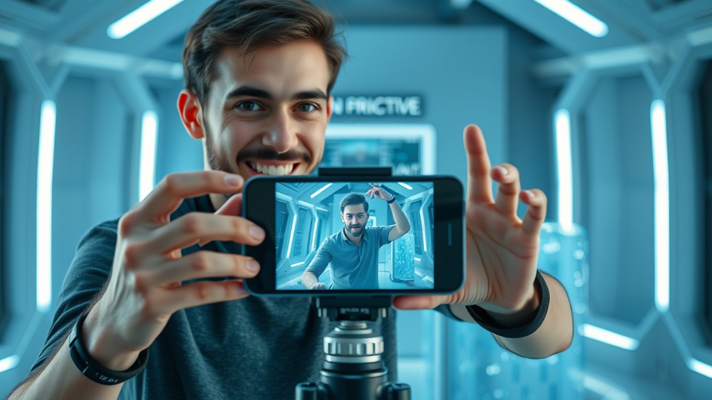 Beginner content creator filming with smartphone on tripod, dynamic video overlays, video content marketing tips for beginners, modern set