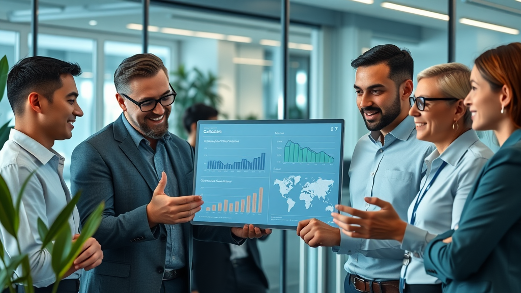 outsourced CMO services results, executives reviewing marketing performance metrics, modern office