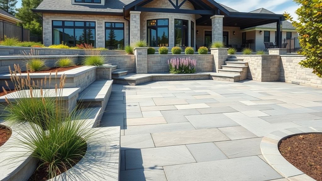 Terraced stone hardscaping adds curb appeal with modern landscape design