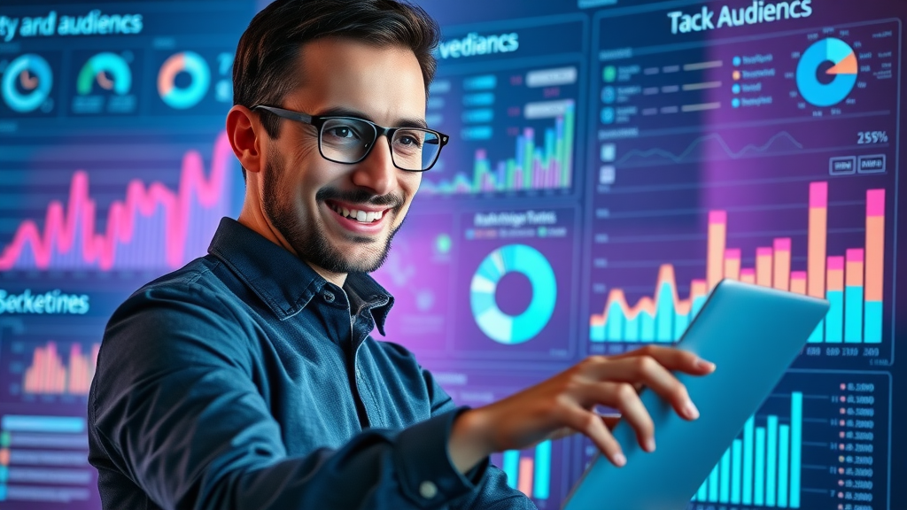 Marketing manager reviewing segmented audience data on marketing automation dashboard for small business