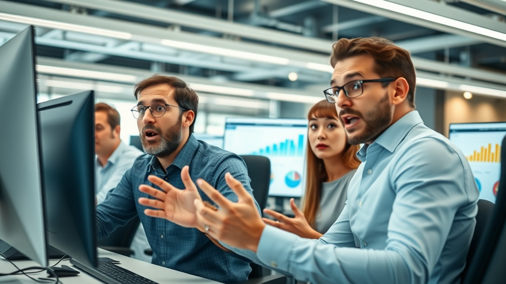 Shocked marketing professionals reviewing analytics data, surprised expressions, reacting to unexpected digital marketing trends