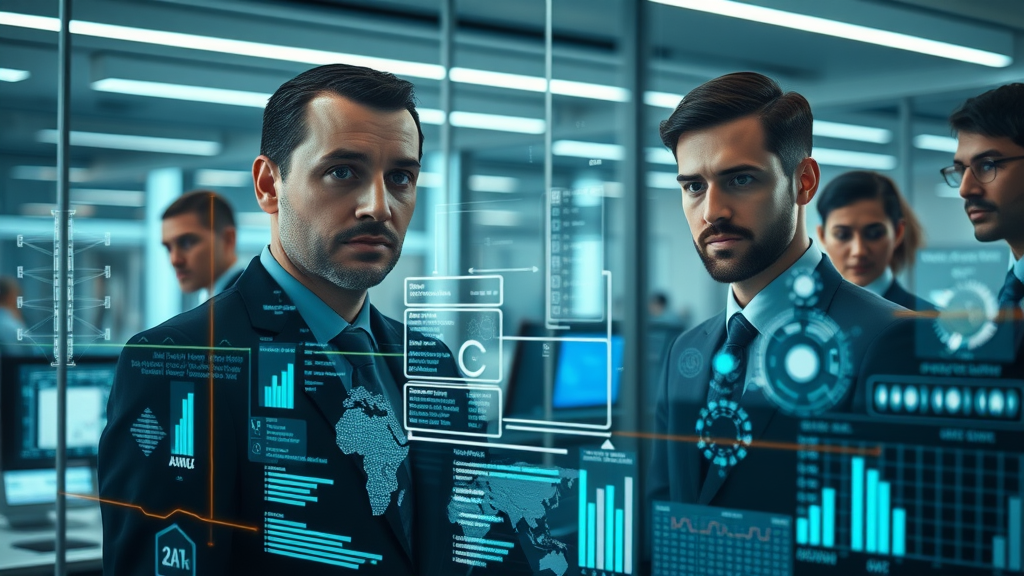 Futuristic AI algorithm visualizations overlaid on busy digital workspace, team analyzing AI data in a high-tech office
