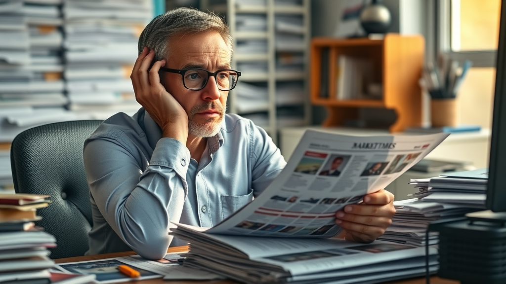 Outdated marketing materials piled up, disappointed marketing manager reviewing poor campaign results