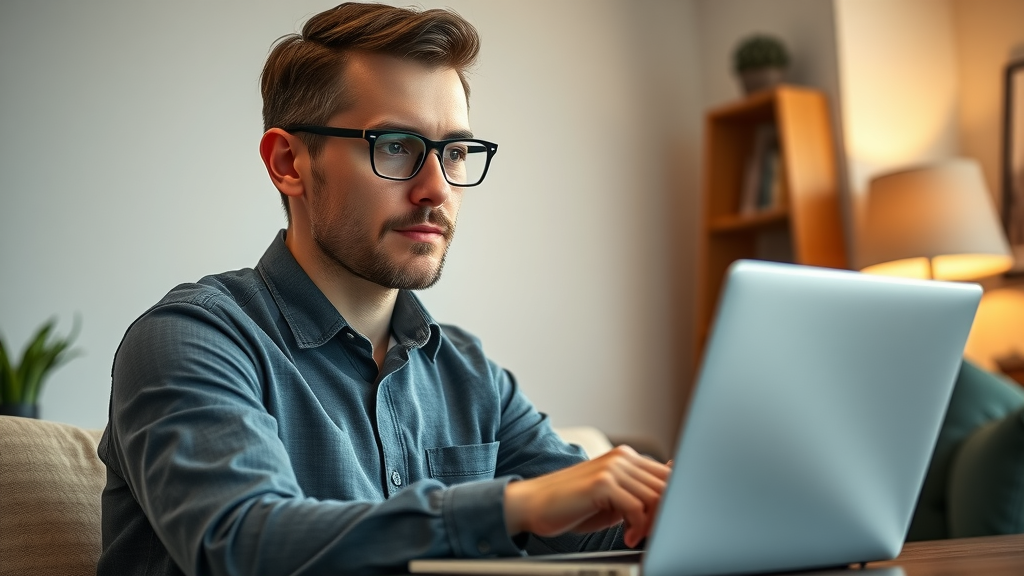 Motivated entrepreneur attending virtual marketing training, learning modern strategies using a laptop in a home office