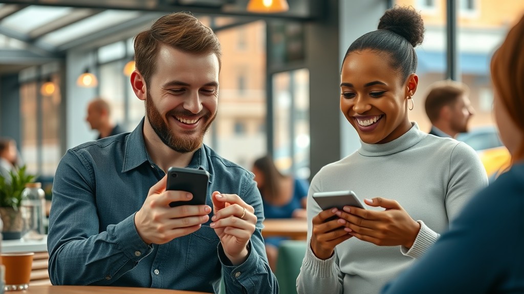 Engaged customers interacting with personalized digital marketing content using mobile devices at an urban café