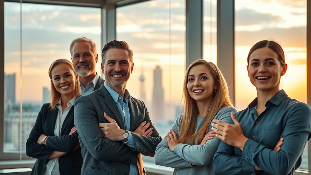 Forward-thinking business team confidently looking toward digital future, embracing AI and data-driven marketing
