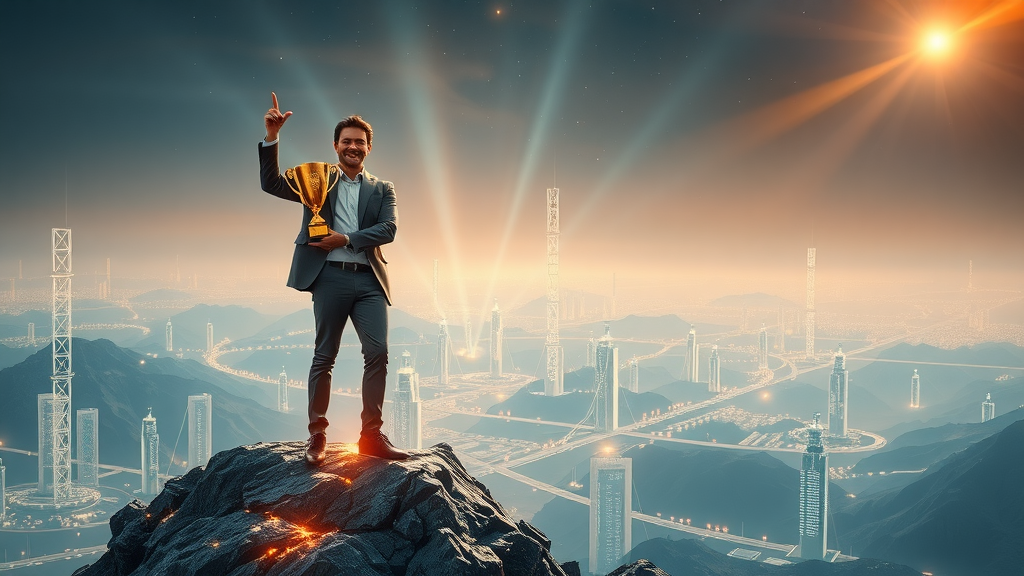 visionary entrepreneur atop digital mountain holding AI SEO trophy in high-tech fantasy landscape