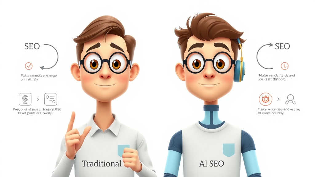 infographic comparing traditional SEO and ai seo with visual progress arrows and icons
