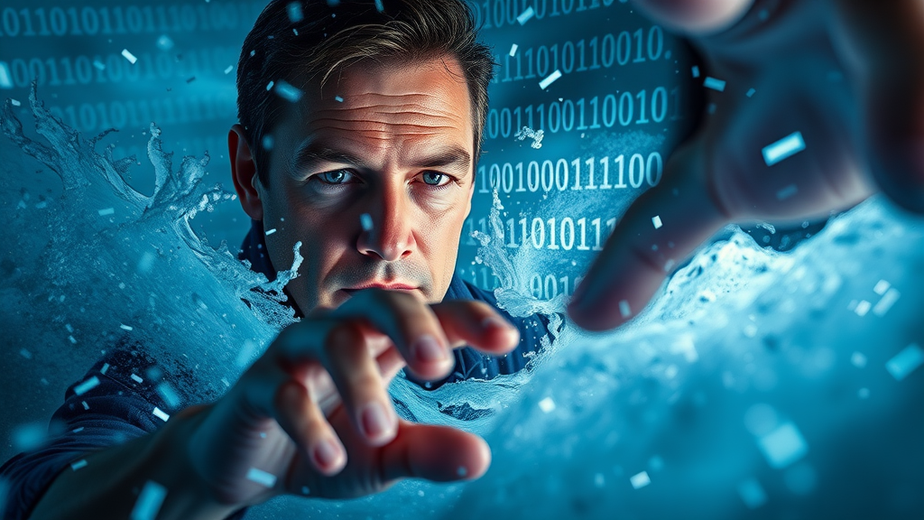 surge of digital content representing the oncoming AI content flood with a person navigating data streams