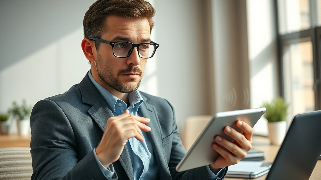 business person using AI voice assistant on tablet to get seo tool advice in modern workspace