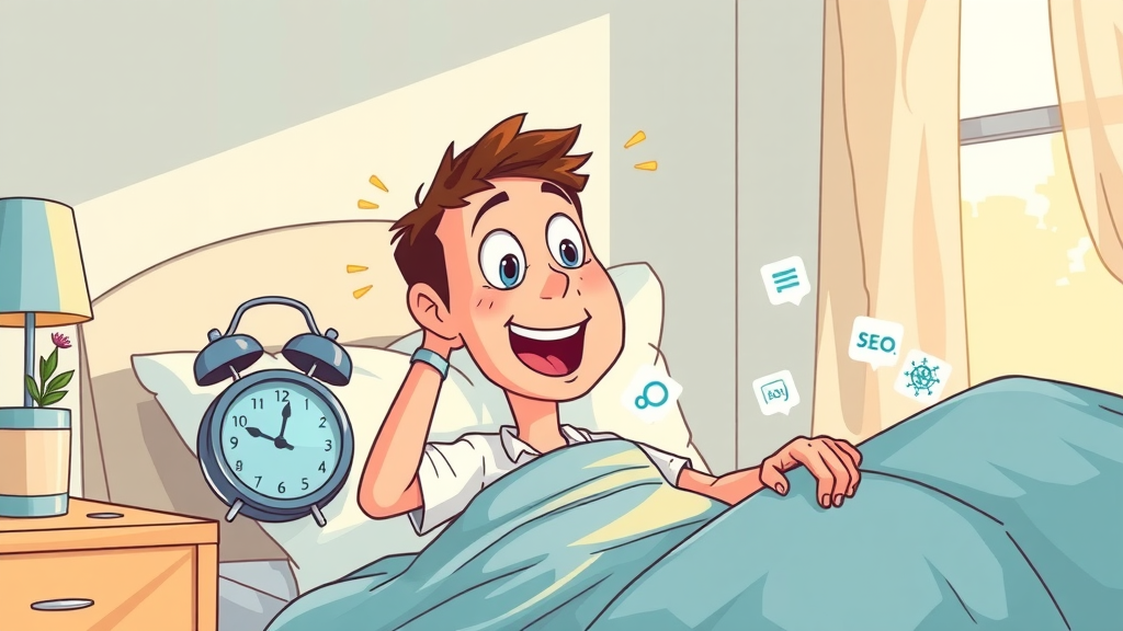 motivated marketer waking up to the AI SEO revolution with digital alarm and SEO icons