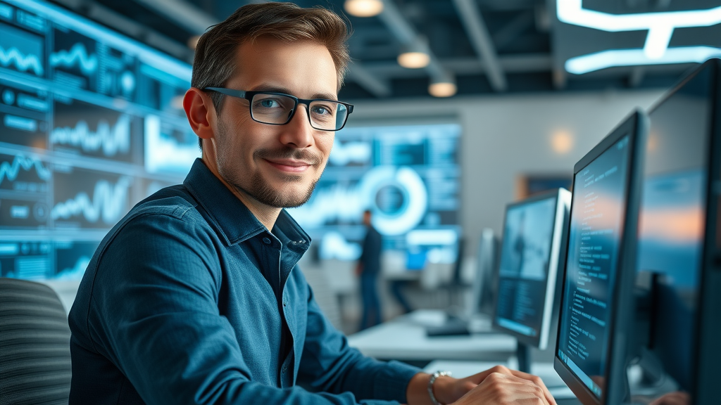 ai seo digital marketing strategist working with futuristic AI interfaces in modern workspace