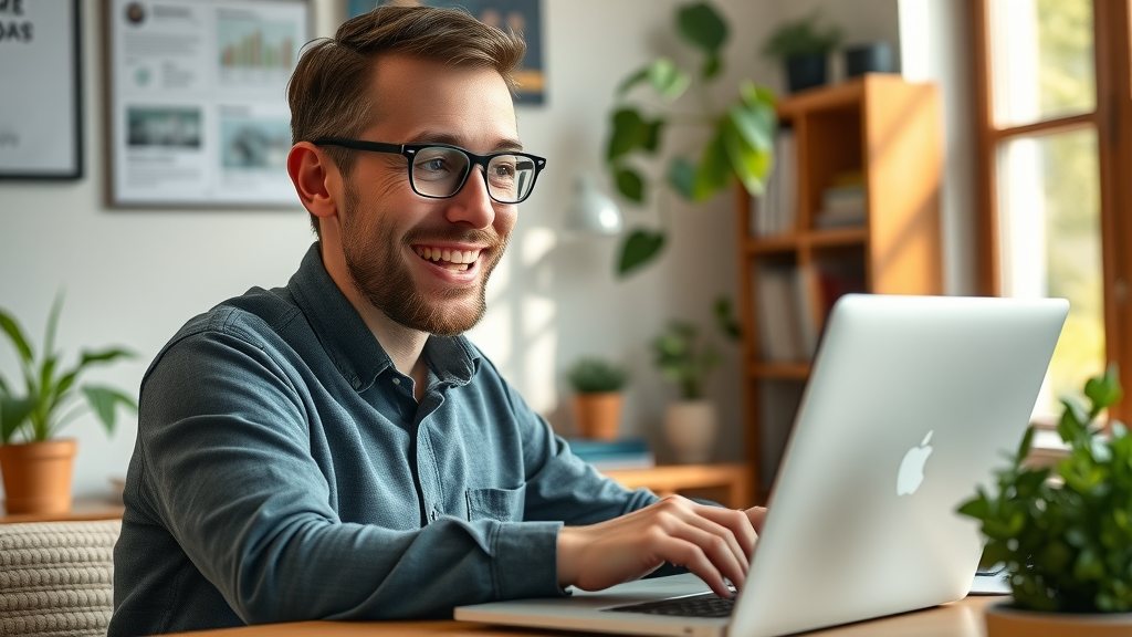 small business owner using AI-powered seo tool for content creation in cozy home office