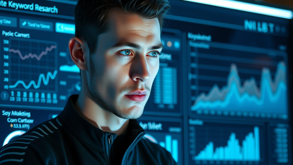 ai seo dashboard showing real-time keyword research and analytics in futuristic interface