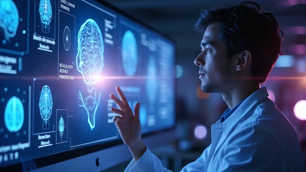 Futuristic neural image reconstruction using AI and brain scan data, researcher observes abstract visuals from decoded brain activity, showing how AI can begin to interpret what you see