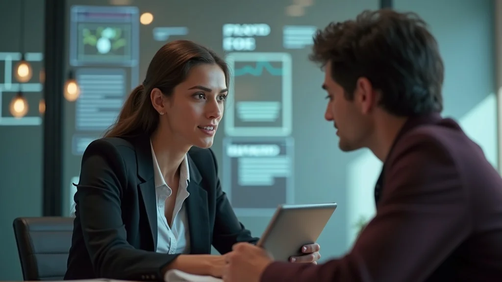 Ethical AI and privacy protection, professional advisor discussing brain data privacy in AI-driven writing with client in an office, showing the importance of ethics and autonomy in mind-linked AI