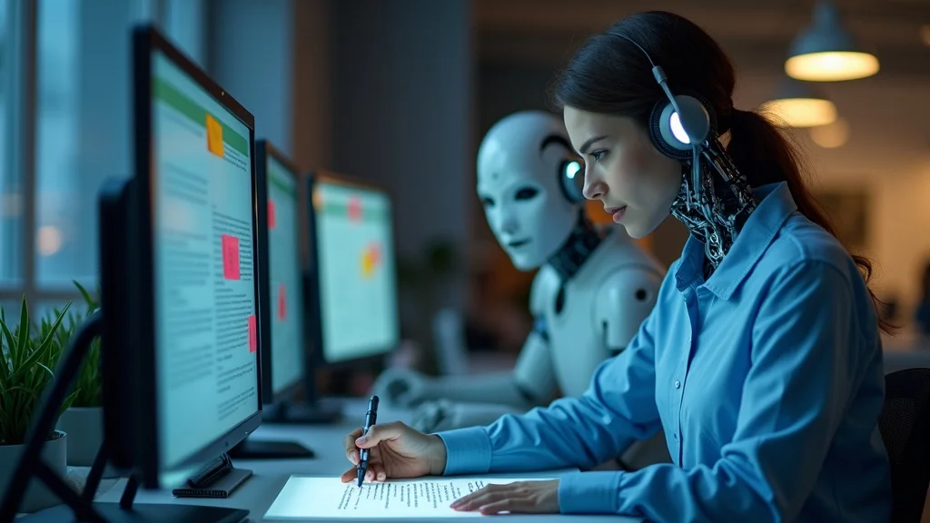 ai content collaboration between a modern human writer and AI robot over a digital document