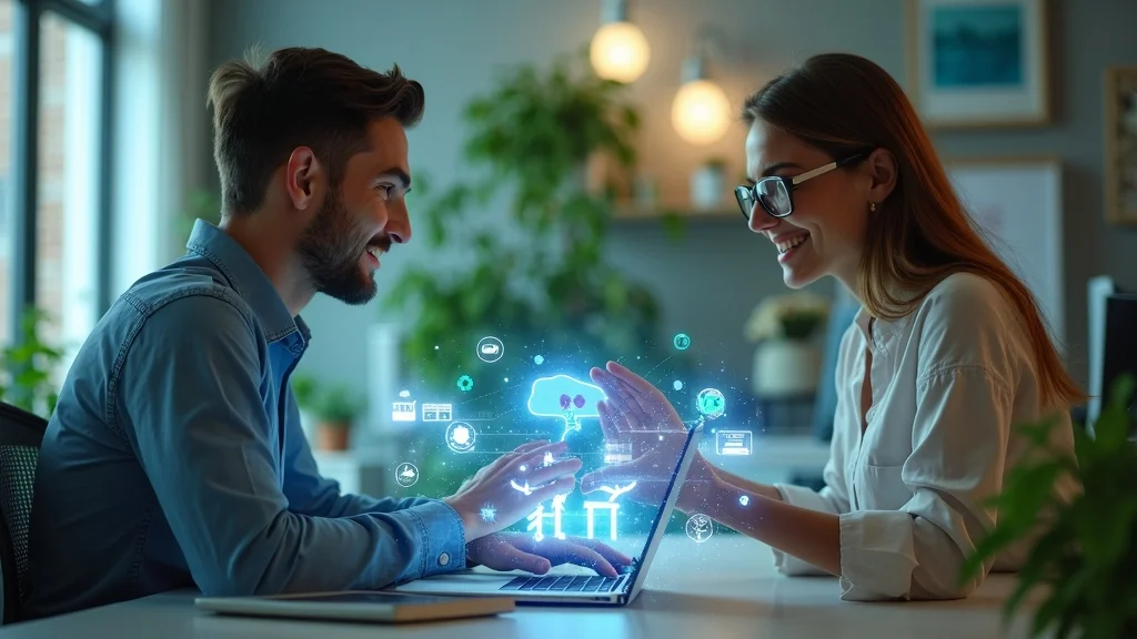 Collaborative AI-human synergy for AI-written content, showing a professional working with AI interface in a creative workspace
