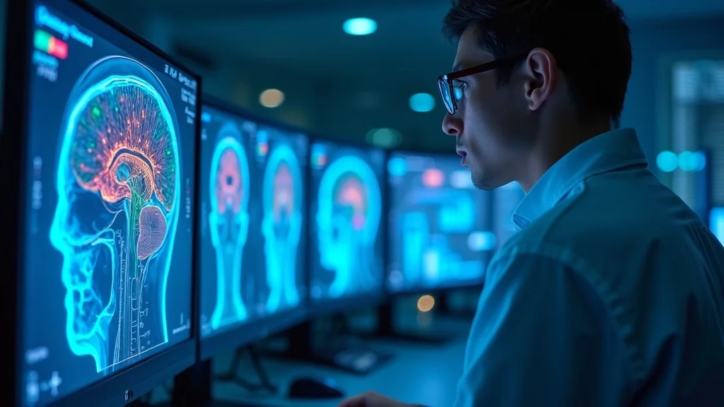 Advanced brain scan interpretation by neuroscientist viewing EEG and fMRI scans used for how AI turns your thoughts into clear, compelling words, in a high-tech digital lab