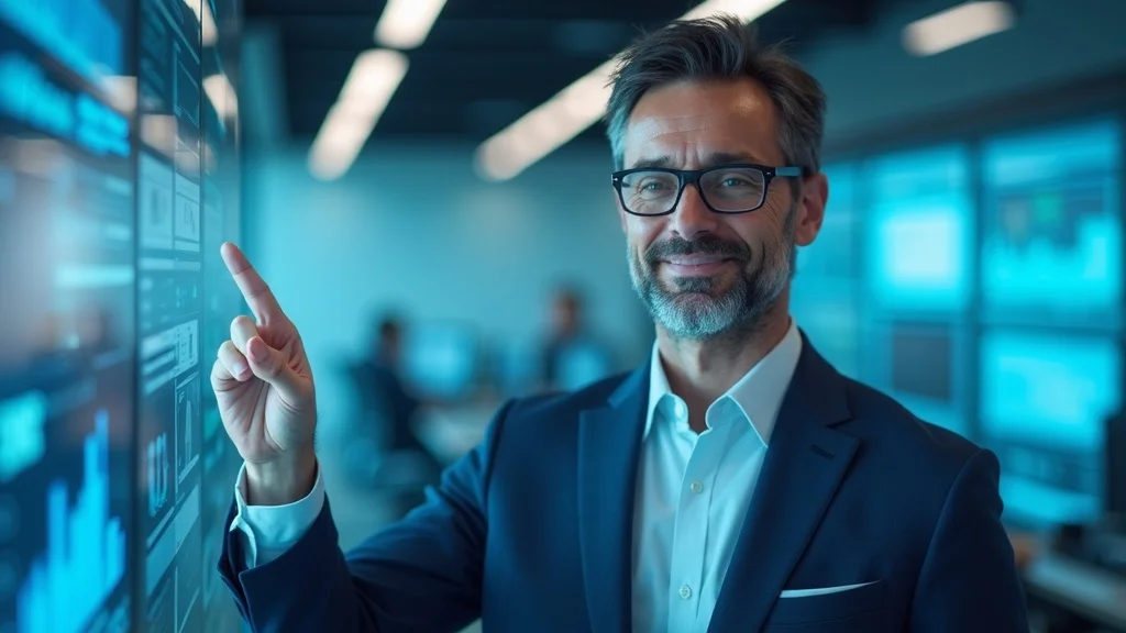 Inspirational business leader in a modern workspace with AI-driven analytics, illustrating the great online shift: why the future belongs to those who adapt now