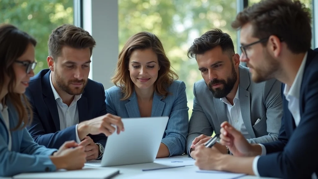 Diverse business group brainstorming AI search optimization strategies with tablet showing analytics