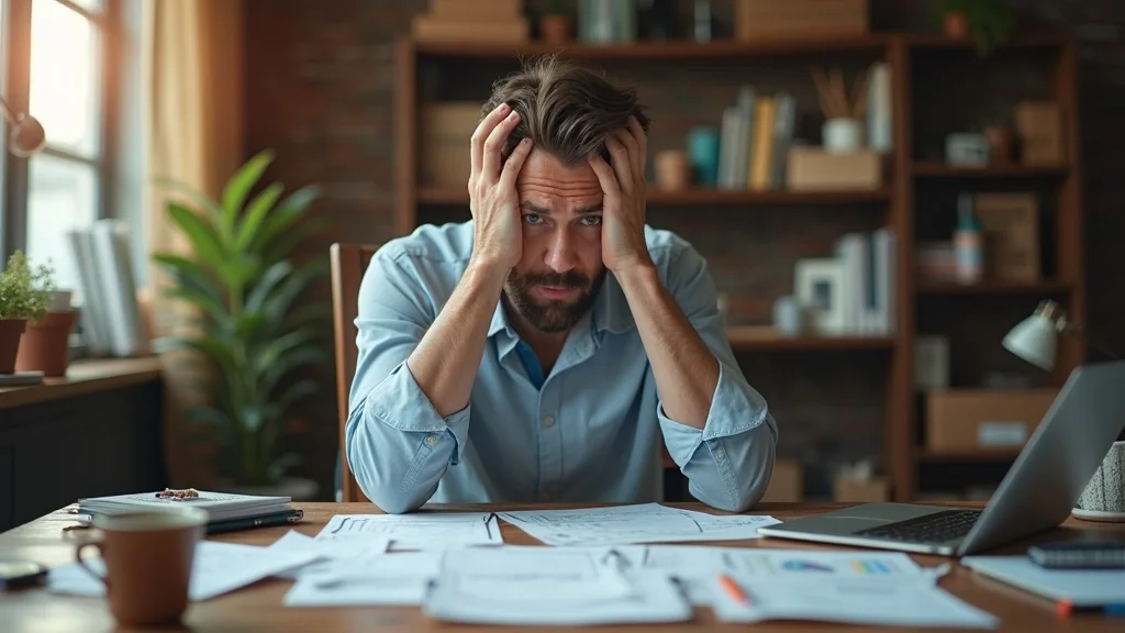 Frustrated local business owner worried about AI search optimization in a cozy workspace with digital devices and paperwork