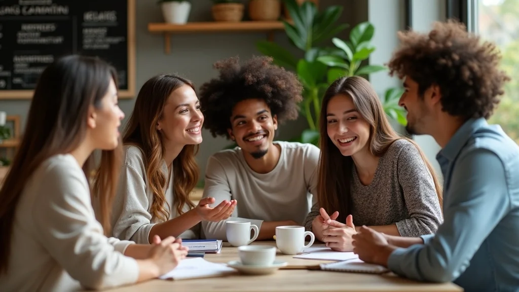 Confident small business team collaborating on AI SEO and content creation strategies in a cozy cafe