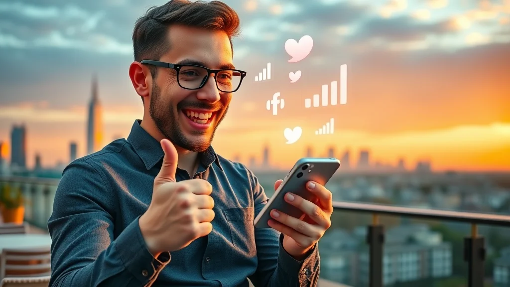 Happy entrepreneur checking improved social media metrics thanks to content and expert intelligence in AI SEO