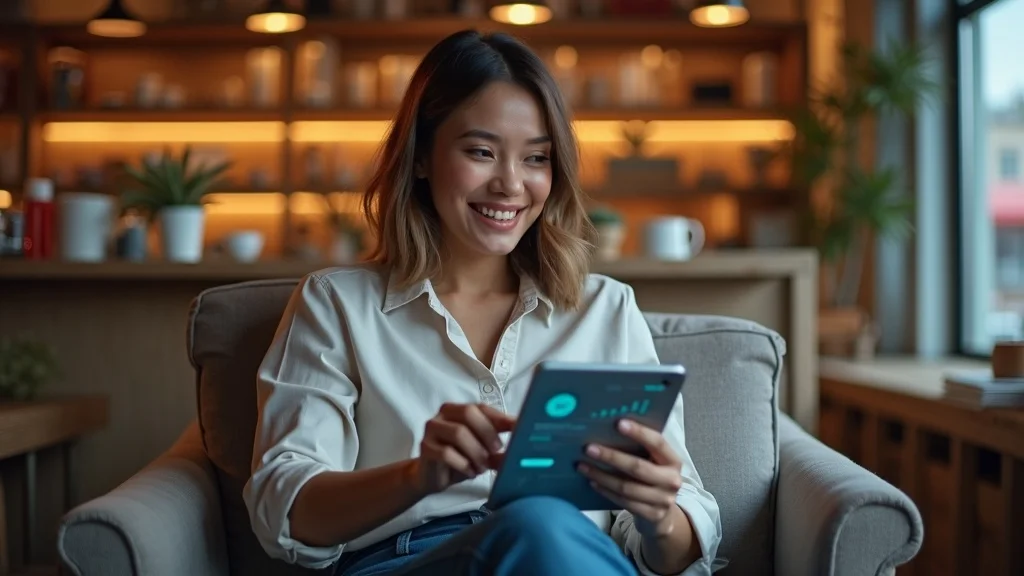 Small business owner using tablet with AI assistant app to create search-optimized content