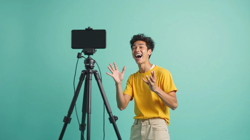 Young digital marketer standing filming a short video for AI search optimization with smartphone on tripod