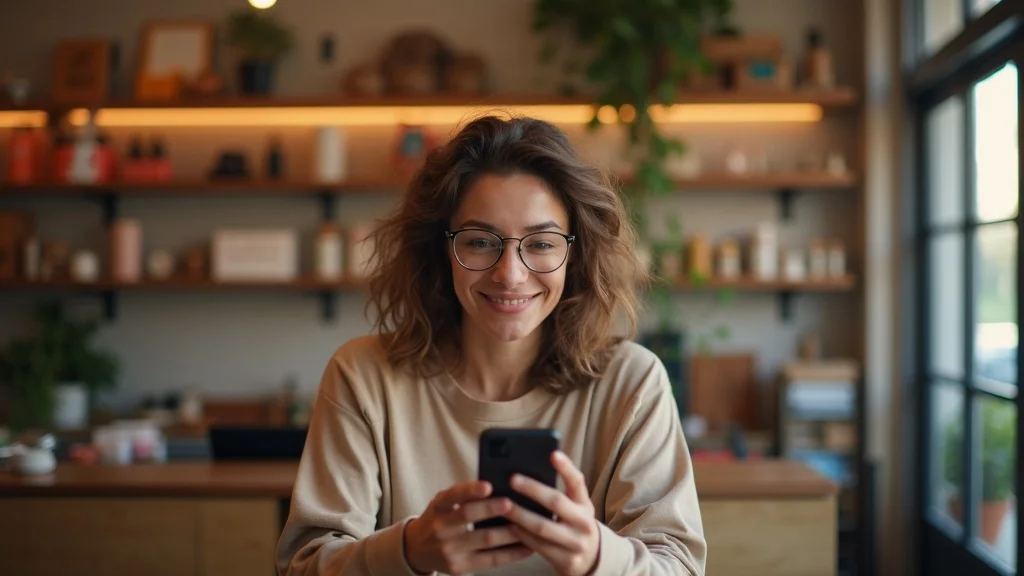 Creative business owner recording AI SEO-optimized vlog in a colorful retail shop