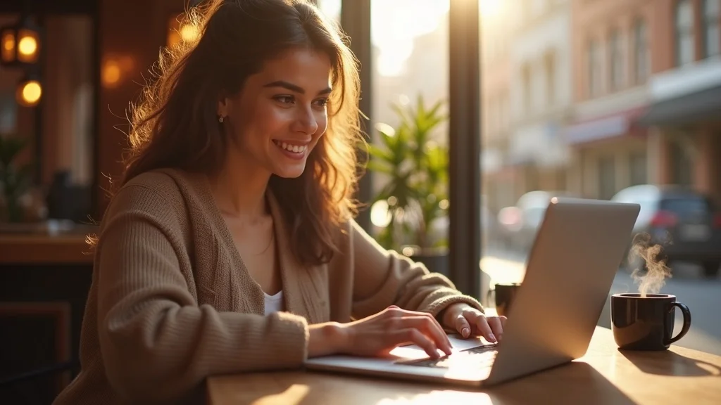 Local blogger writing AI SEO blog post in a sunlit cafe with local business vibe