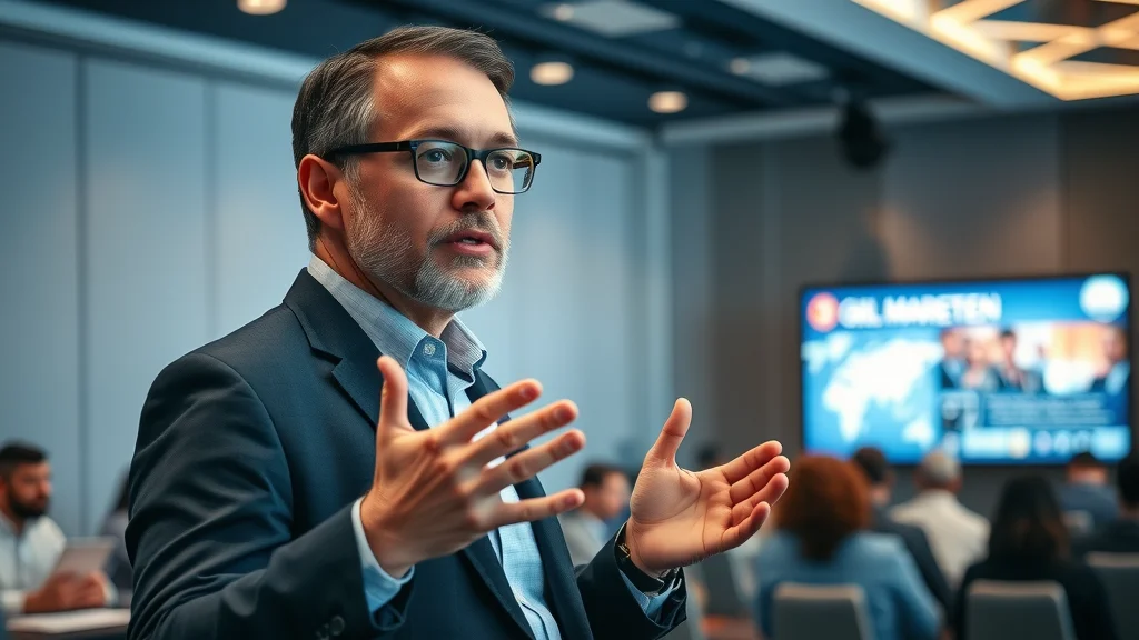 Authoritative business leader speaking on content and expert intelligence in AI SEO at a digital marketing seminar