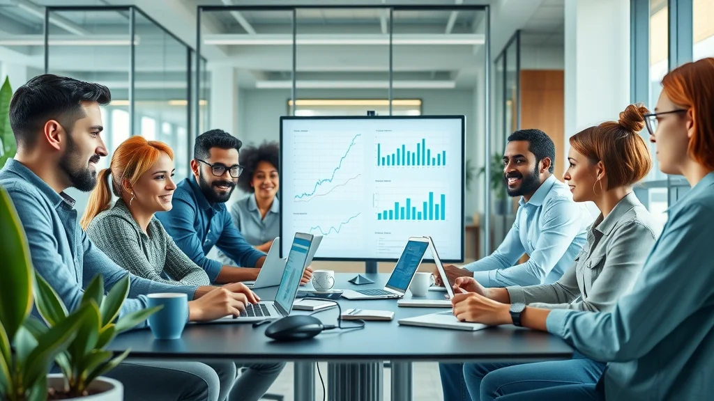 Modern office workspace with a diverse team engaged in an SEO brainstorming session for content and expert intelligence in AI SEO