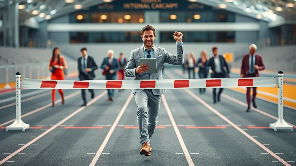 Business team member confidently crossing finish line ahead using AI SEO strategy