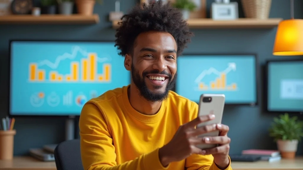 social media content for marketing and content - Marketer posting selfie with smartphone, rising stats on screens, bright workspace, vivid yellow-blue palette, photorealistic