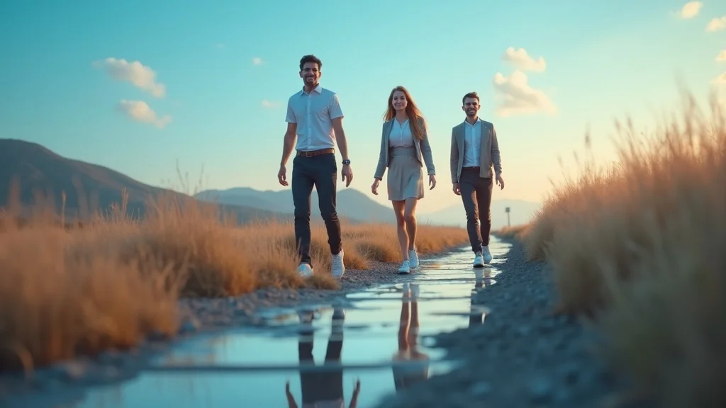 marketing and content strategy options - Three professionals on digital path, progress icons for blog, video, social, analytics, photorealistic, blue-to-orange gradient