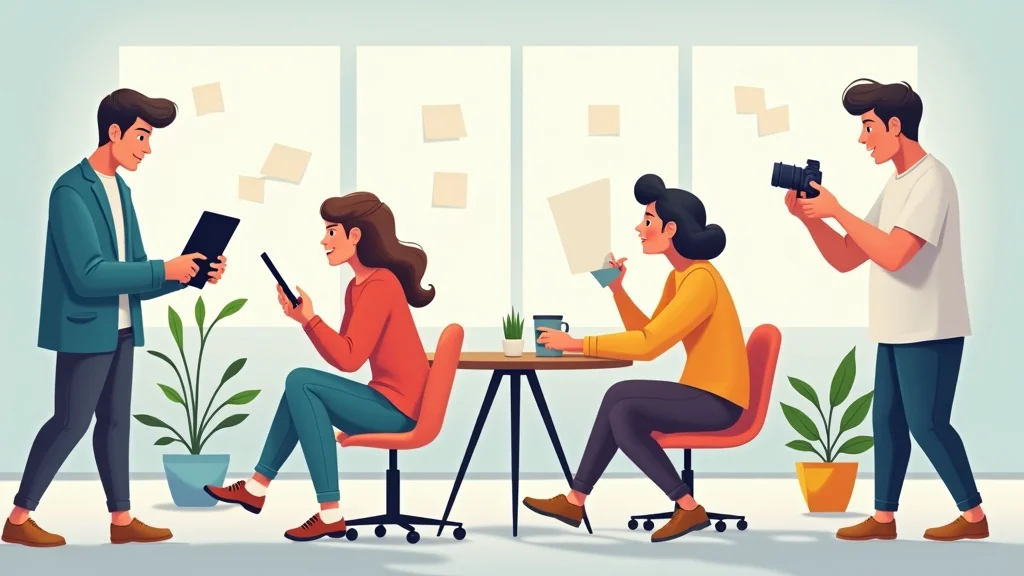 blog posts, video content, social media, and white papers - Diverse people engaging with content tools in a bright creative studio, photorealistic, energetic, primary colors