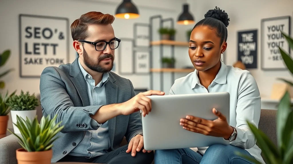 SEO consultant coaching business owner on AI SEO strategy in modern shared workspace