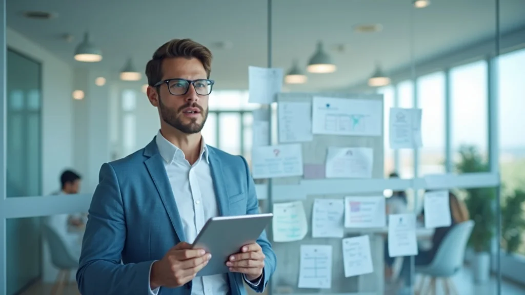 content marketing strategy - Professional presenting a tablet with a digital content plan in a meeting room, brainstorming notes on glass, pastel blue and white color scheme, photorealistic